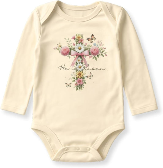 He is Risen Floral Cross Easter Outfit Christian Kids Tshirt Resurrection Sunday Gift Baby's First Easter