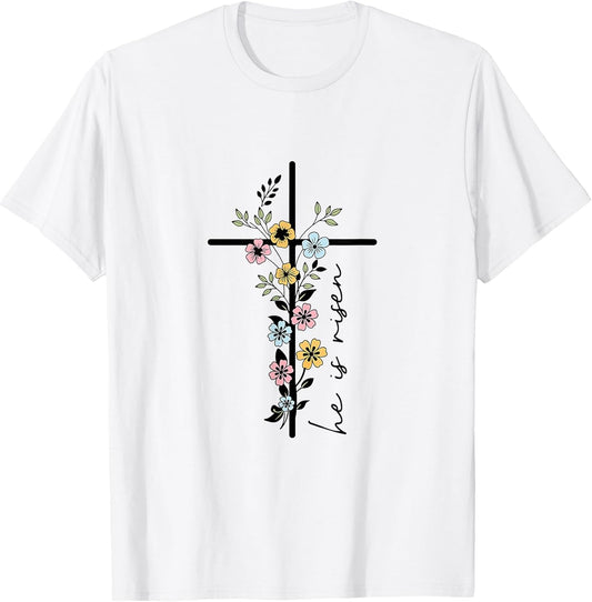 He Is Risen Floral Cross Women Easter Christian T-Shirt