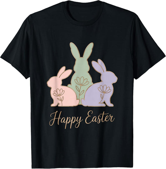 Happy Easter Bunnies Pastel Spring Holiday Outline T-Shirt