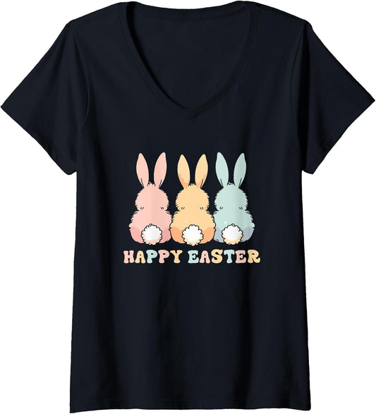 Womens Happy Easter Bunnies Cute Pastel Colors V-Neck T-Shirt