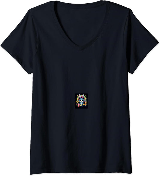 Womens Easter Bunny Pastel Rainbow V-Neck T-Shirt