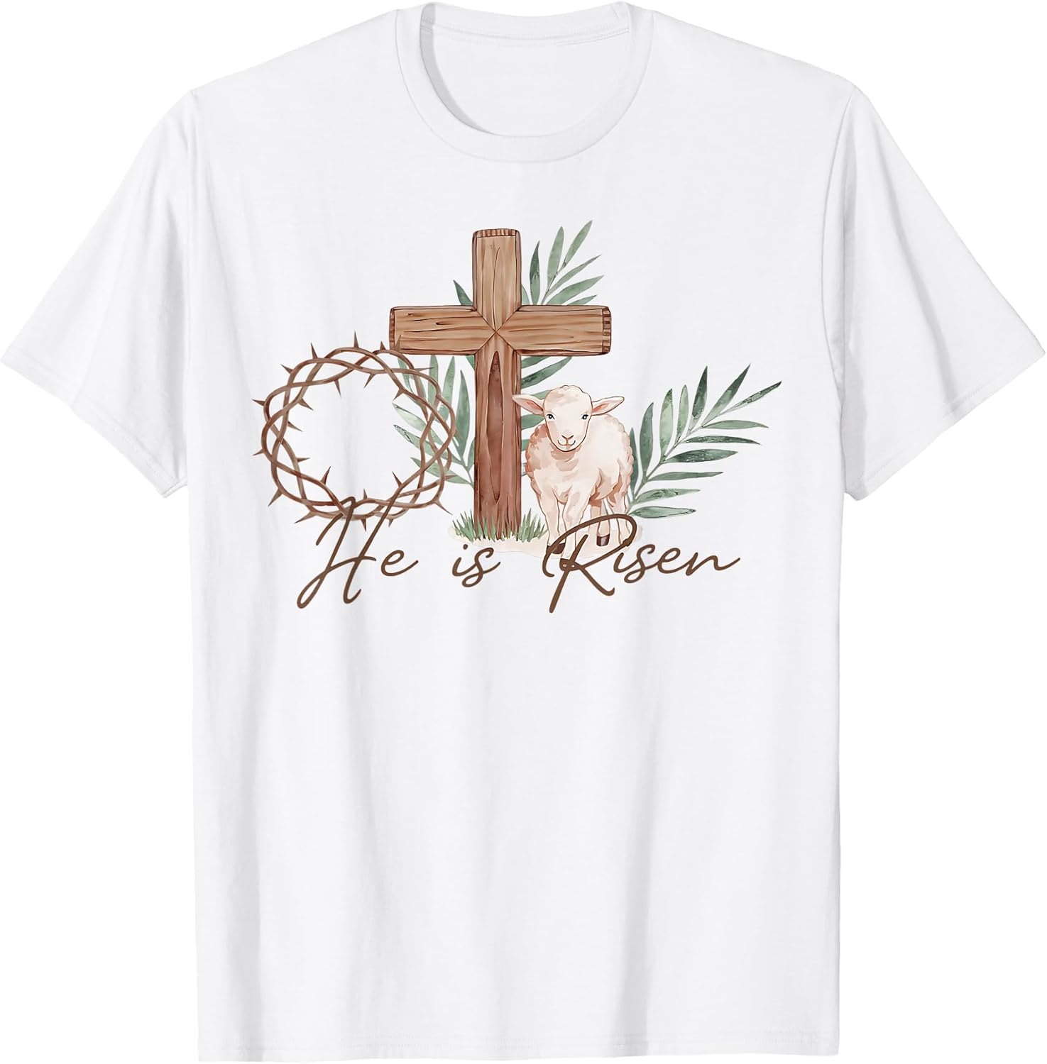 Religious Easter Cross He is Risen Thorns Palm Lamb Christ T-Shirt