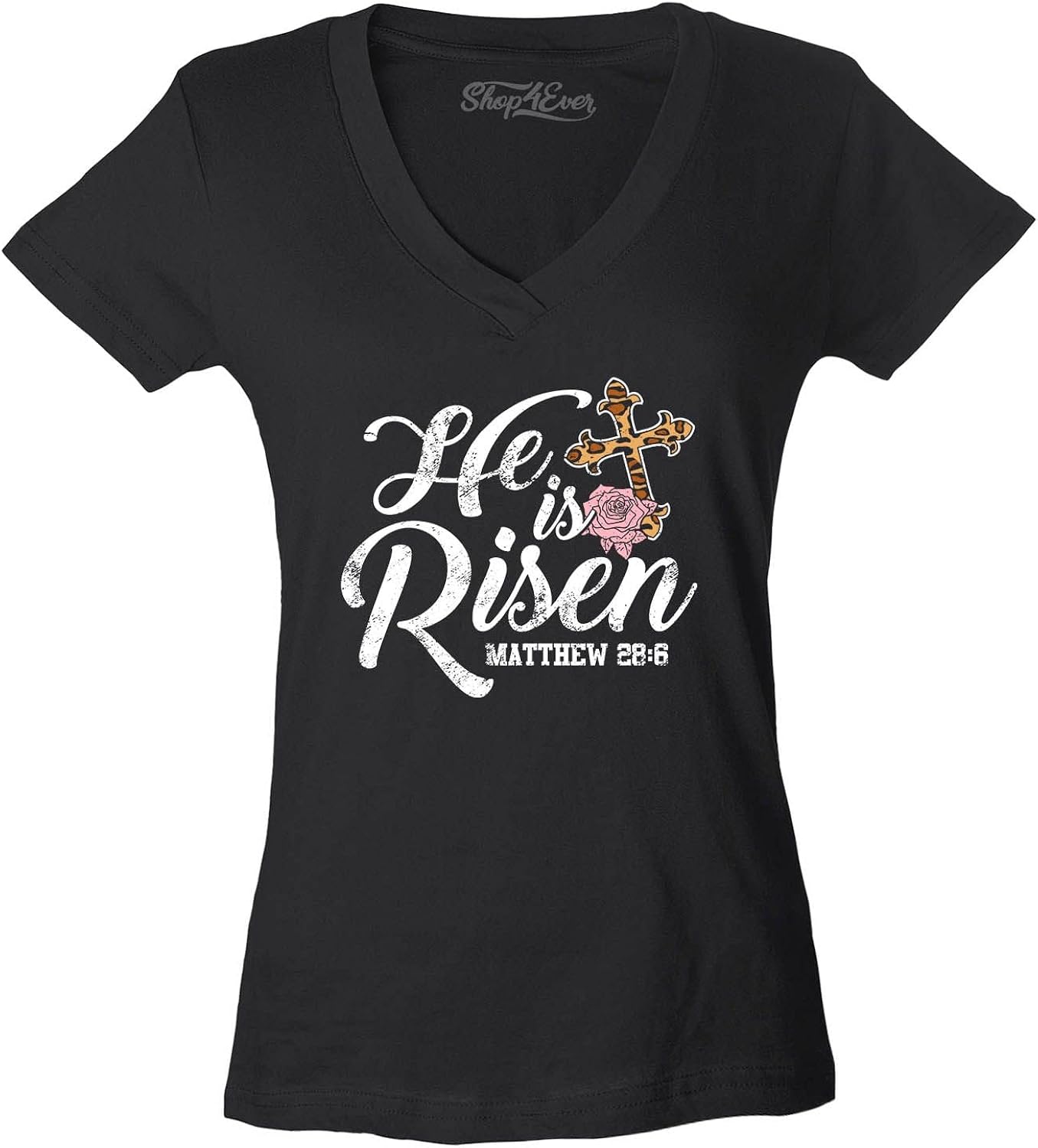 He is Risen Matthew 28:6 Jesus Cross Christian Bible Verse Easter Spring Women's V-Neck T-Shirt Slim Fit