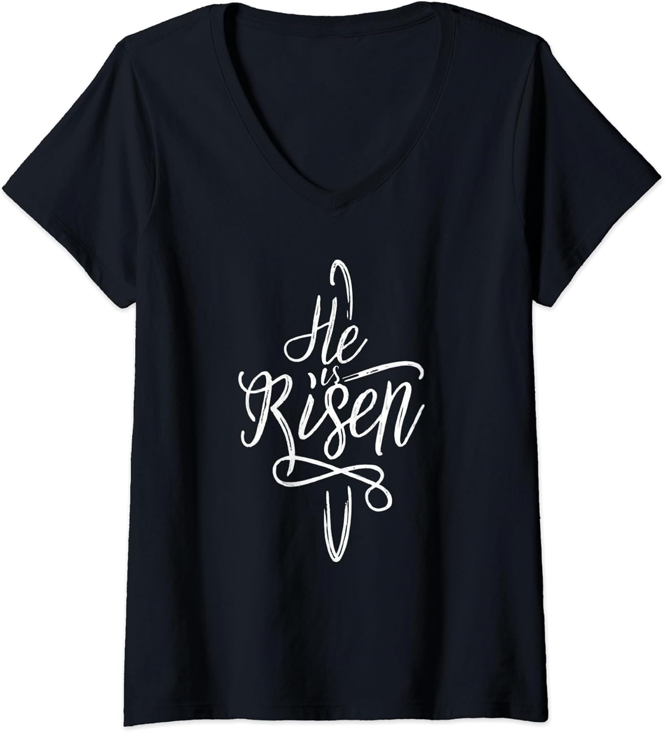 Womens He Is Risen Cross Jesus Easter Day Religious Christians V-Neck T-Shirt