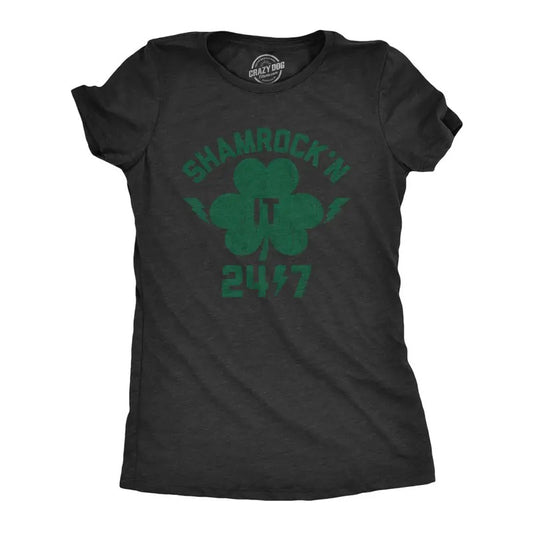 Womens Shamrock'n It 24/7 T Shirt Funny Saint Patricks Day Irish Clover Lucky Tee Funny Womens T Shirts Cute Slimming Top Comfortable Soft Womenswear Saint Patrick's Day Tops for Women Women's Novelty Black