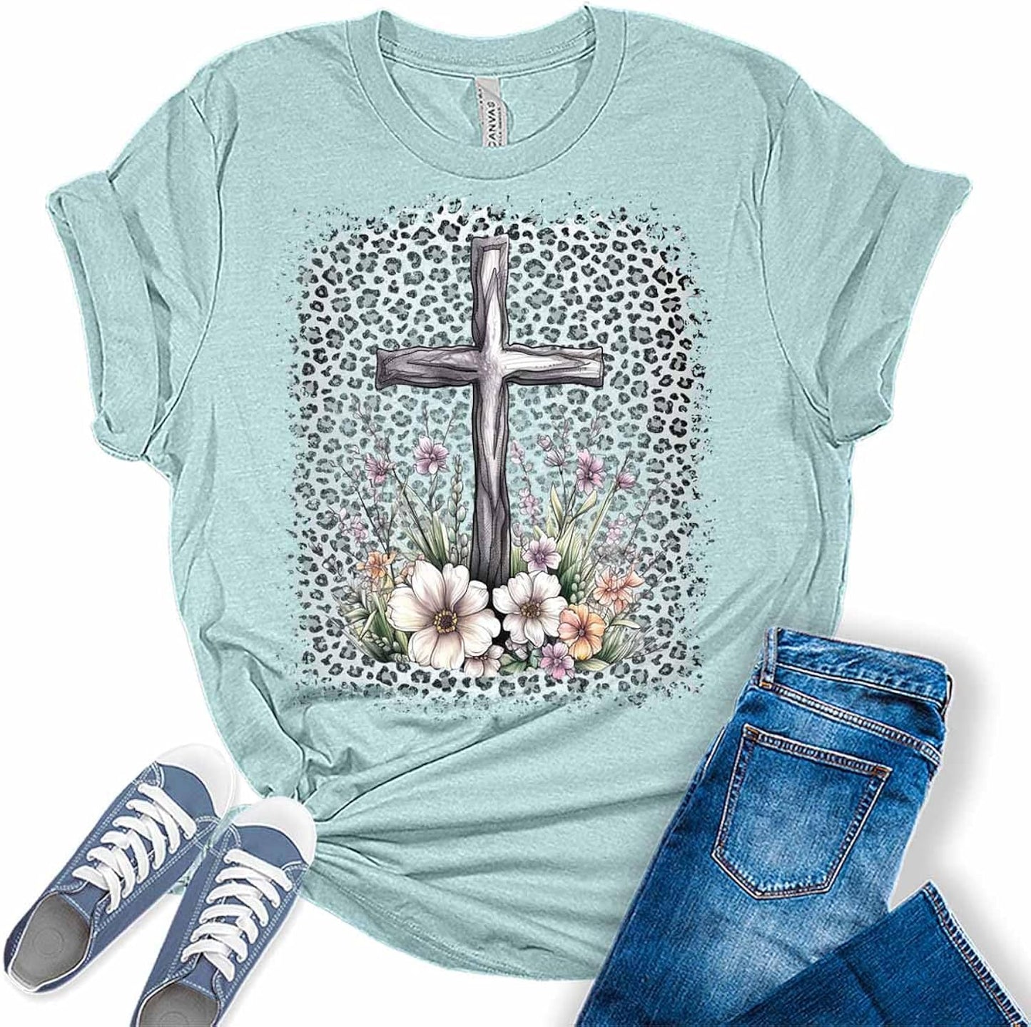 Floral Cross T Shirt Leopard Print Easter Shirts for Women Cute Spring Summer Tops