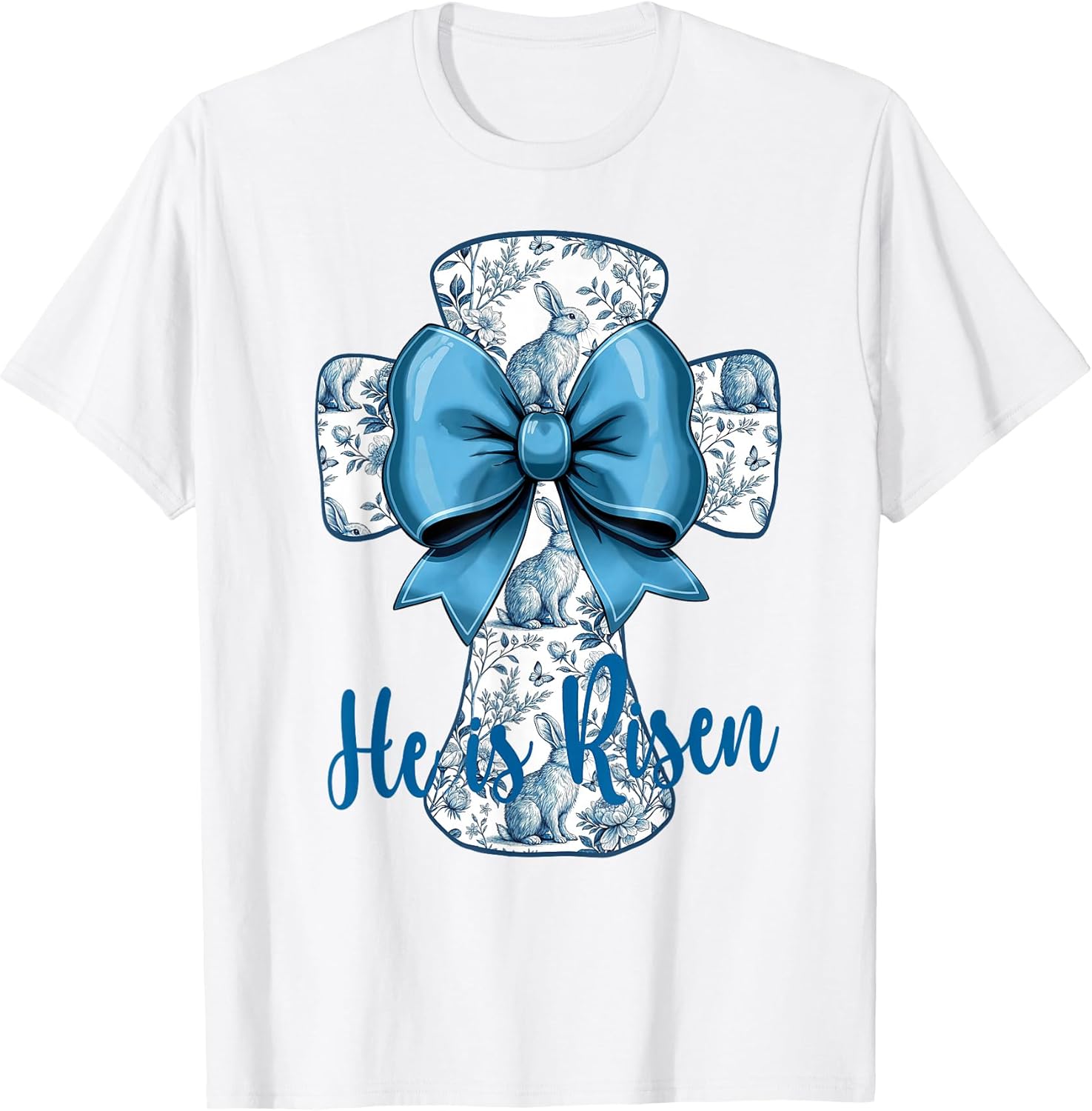 Easter Design He Is Risen Blue Toile Cross Christian Faith T-Shirt