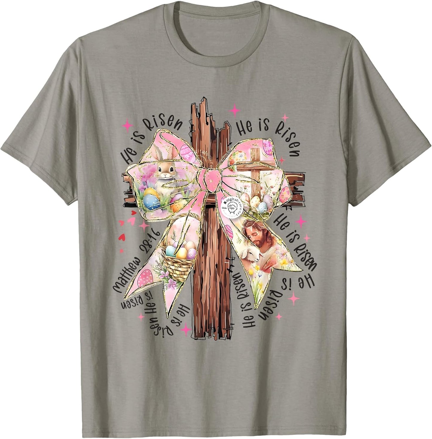He Is Risen Lace Cross Coquette Bow Jesus Easter Christian T-Shirt