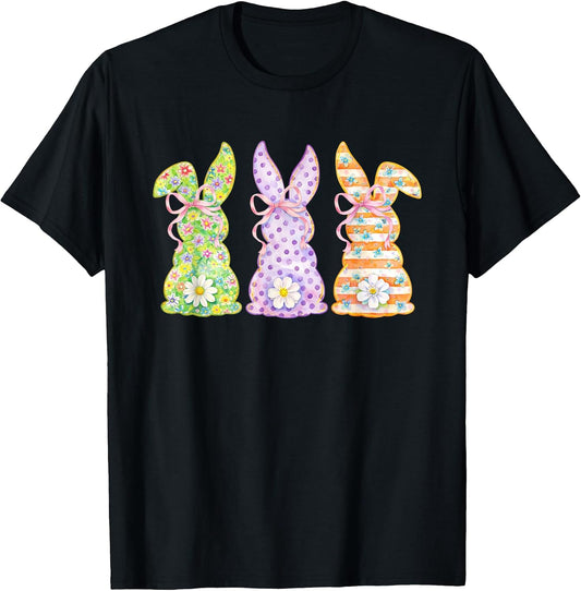 Floral Watercolor Easter Bunny Trio Pastel Bows Spring T-Shirt