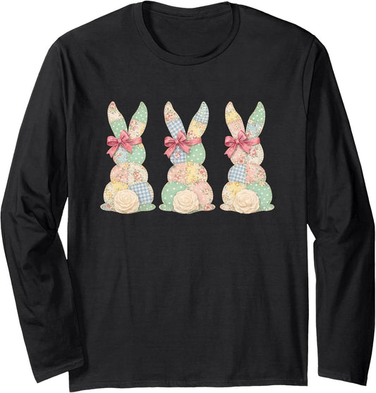 Floral Easter Bunny Trio Pastel Bows Spring Patchwork Long Sleeve T-Shirt