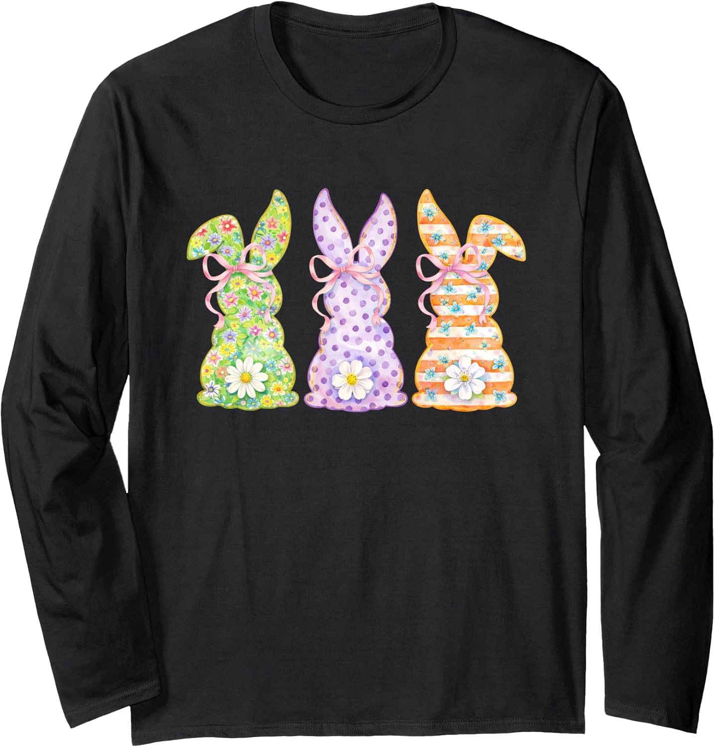 Floral Watercolor Easter Bunny Trio Pastel Bows Spring Long Sleeve T-Shirt