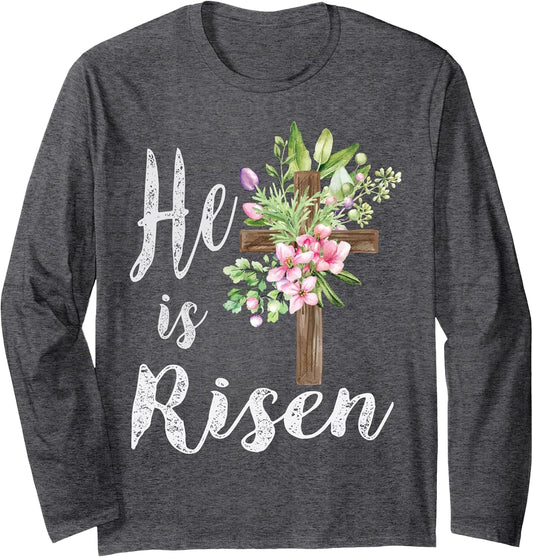 He is Risen Floral Cross Vintage Happy Easter Long Sleeve T-Shirt