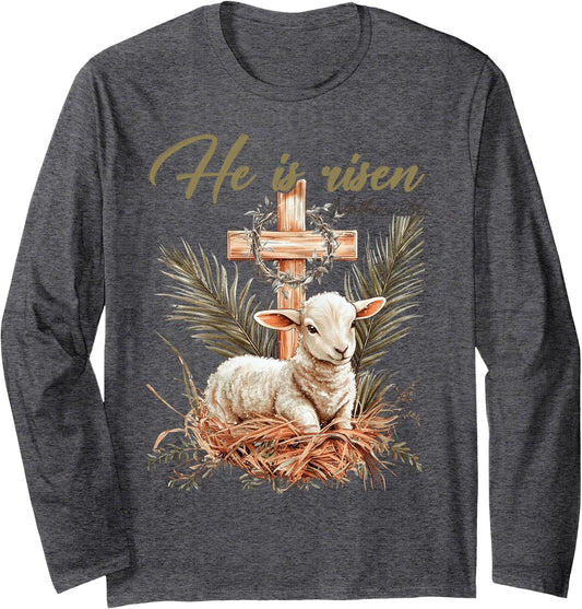 He Is Risen Lamb Cross Jesus Religious Easter Day Christian Long Sleeve T-Shirt