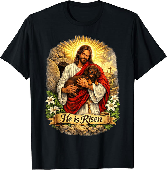Dachshund Dog He is Risen Easter Resurrection Defeated Cross T-Shirt