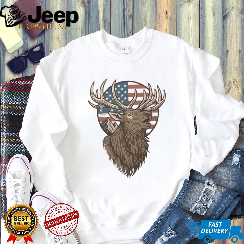 Patriotic American Flag Elk Mountain Wildlife Silhouette T Shirt
