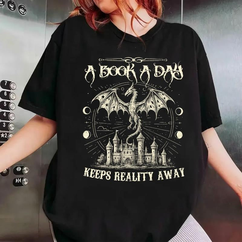 A Book A Day Dragon Shirt, Bookish Shirt, Book Club Shirt, Fantasy Book Merch, Gift For Reader Lover, Librarian Unisex Sweater Pullover Tee