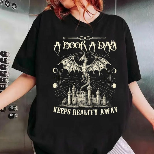 A Book A Day Dragon Shirt, Bookish Shirt, Book Club Shirt, Fantasy Book Merch, Gift For Reader Lover, Librarian Unisex Sweater Pullover Tee