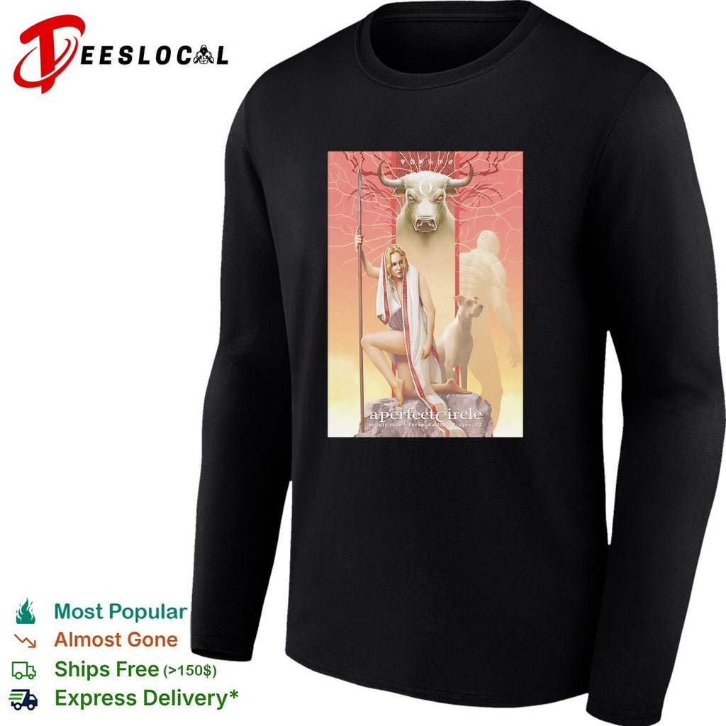 A Perfect Circle woman kneeling holding spear with dog and bull Forum Karlin Prague 2026 shirt