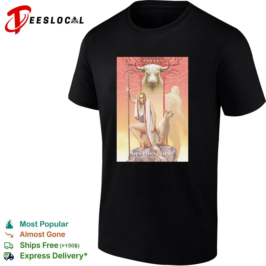 A Perfect Circle woman kneeling holding spear with dog and bull Forum Karlin Prague 2026 shirt