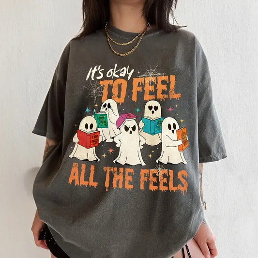 ACOTAR Halloween Ghost Comfort Colors Shirt, Bookish Ghost , Its Okay To Feel All The Feels Womenswear Round Neck Tshirt Summer T-Shirt Casual