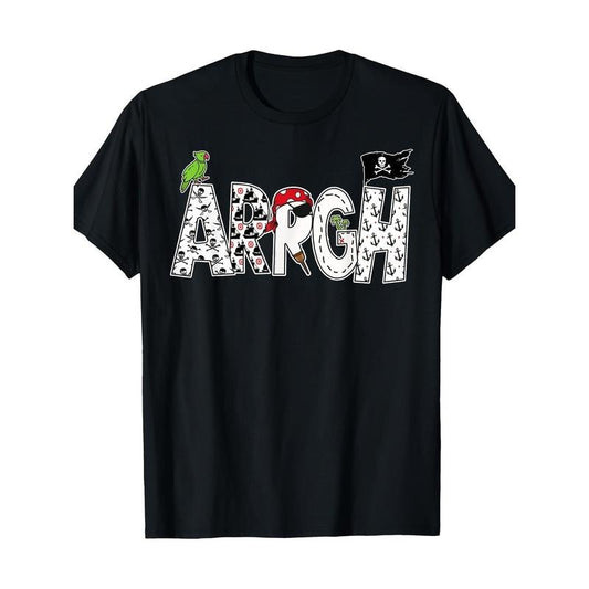 ARRGH Pirate Crew Neck T-Shirt, Geometric Pattern, 100% Cotton, Short Sleeve, Regular Fit, All-Season, Daily & Casual Wear, Medium Stretch Knit Fabric - Adult Pirate Costume Tee Made in USA