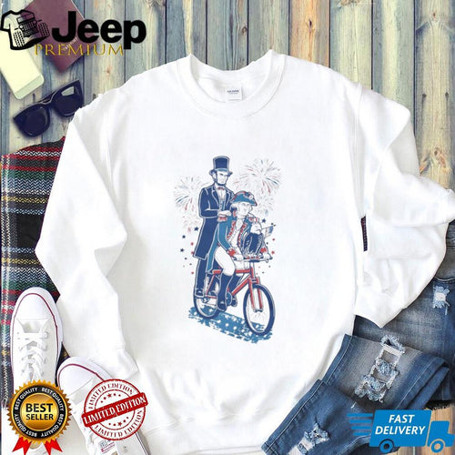Abe Lincoln and George Washington Riding Tandem Bike Patriotic T Shirt
