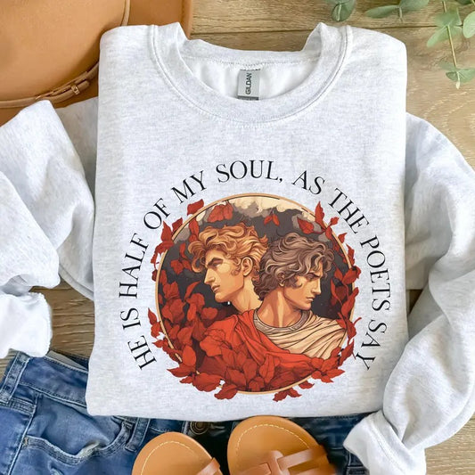 Achilles Patroclus Sweatshirt, Romantasy Quote Book Fandom Merch, Greek Mythology Booktok Hoodie, Iliad Literary Bookish Gift for Her Booknerd Unisex Soft Comfort Crewneck Pullover Long Sleeves Graphic Fabric Sweater