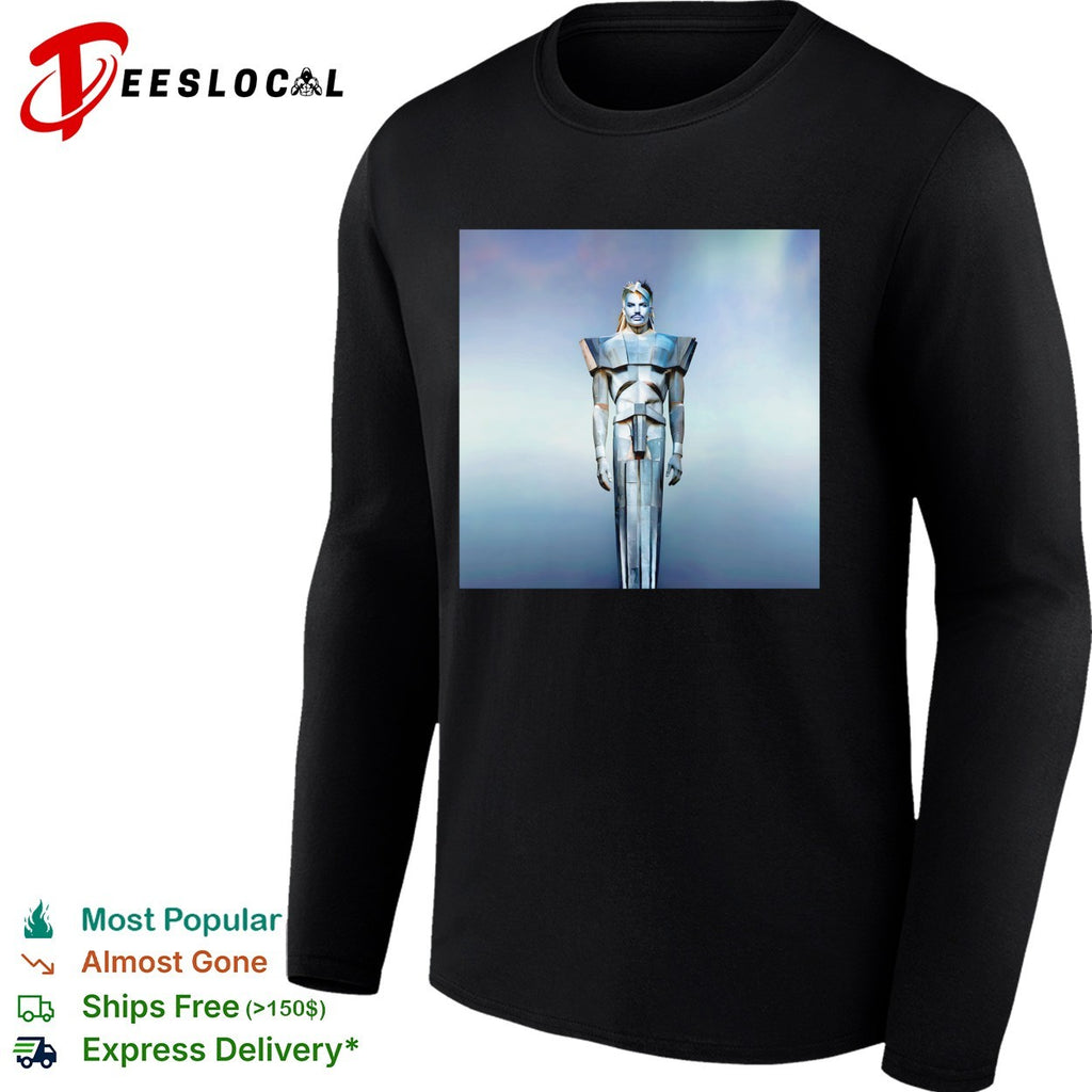 Adam Lambert standing in metal armor Adam album cover shirt