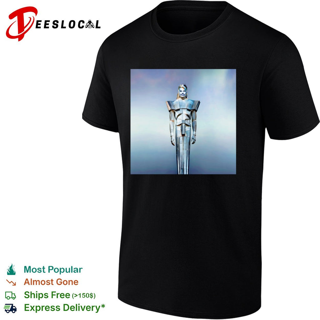 Adam Lambert standing in metal armor Adam album cover shirt