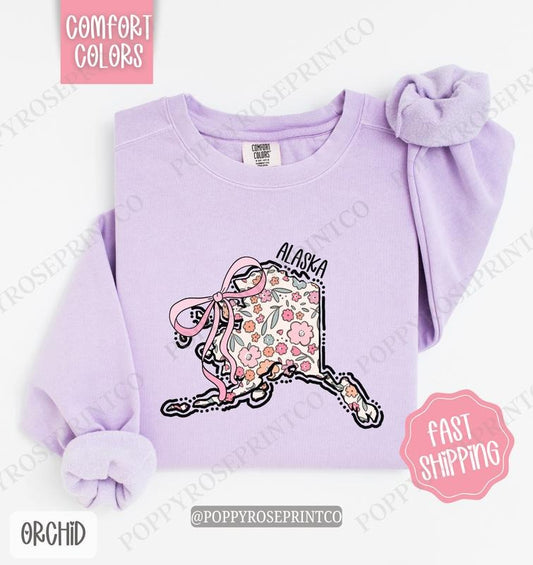 Alaska Floral Comfort Colors Sweatshirt, Alaska Sweatshirt, Cute Bow Alaska Sweatshirt