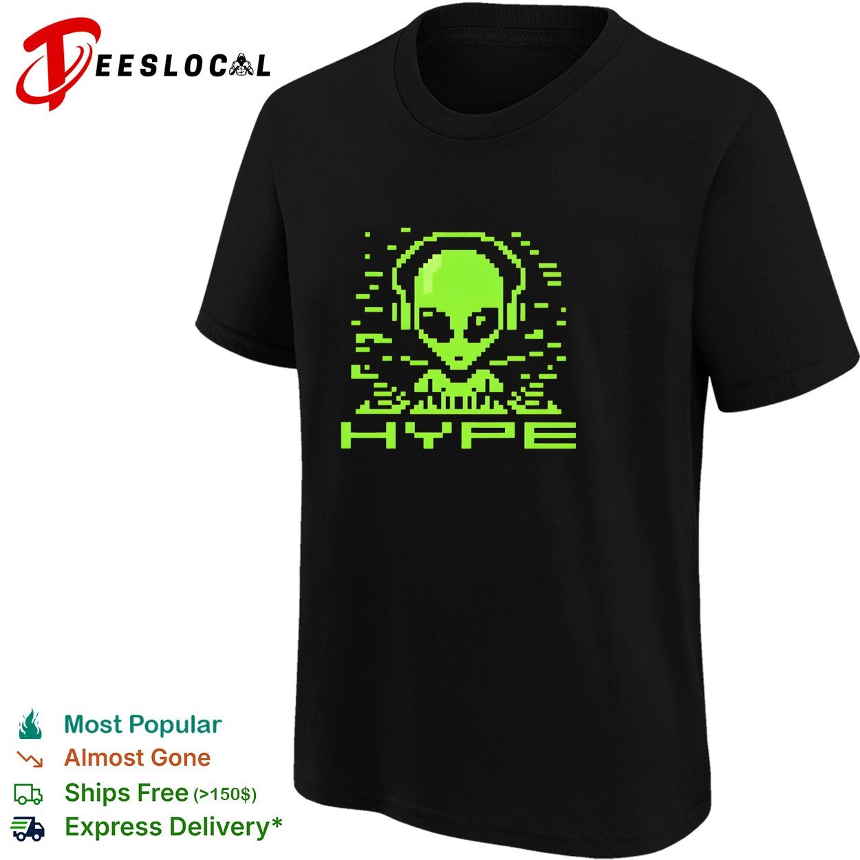 Alien pixel DJ wearing headphones hype shirt