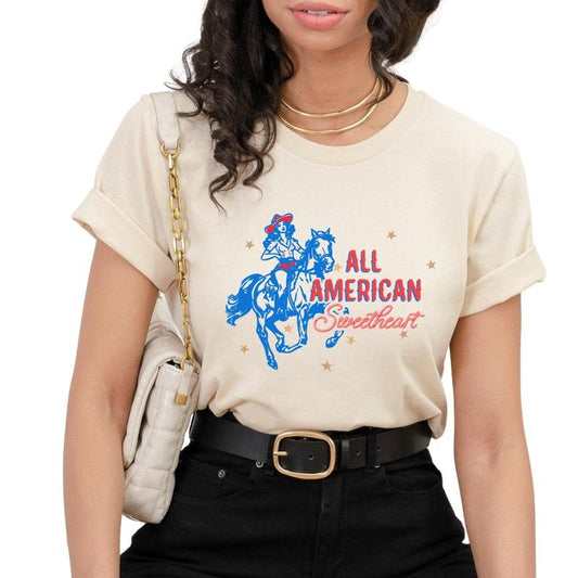 All American Sweetheart T-Shirts, Fourth Of July Shirt, Trendy July 4th T-Shirt, July Fourth Cowgirl Shirt, Western Graphic Tee
