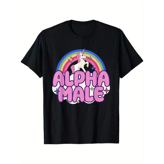 Alpha Male Unicorn Graphic T-Shirt, Cotton Crew Neck Short Sleeve Tee, Geometric Pattern, Knit Fabric, All-Season Casual Wear for Adults Made in USA