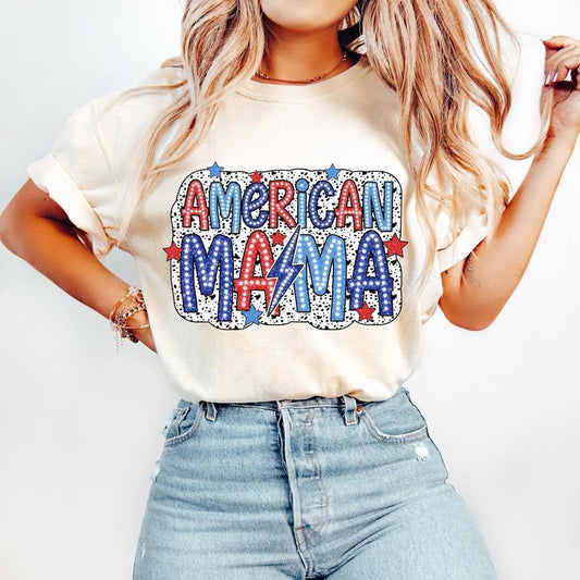 America Mama T-Shirt, 4th of July T-Shirt, Bright Doodle, Dalmatian Dots,Independence Day,Mom Shirt Design,USA Flag T-Shirt,Freedom, 1776 T-Shirt