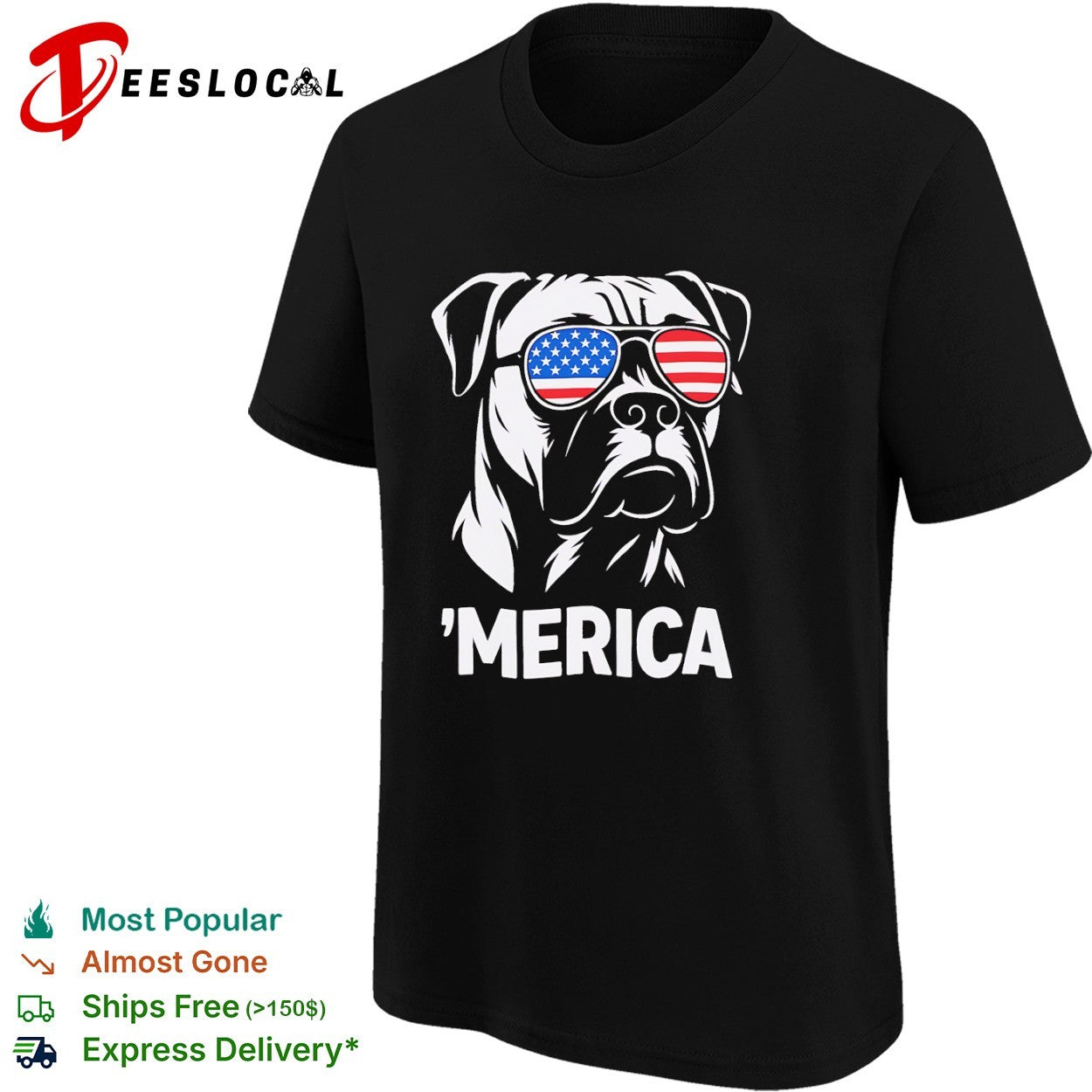 American Bulldog wearing United States flag sunglasses ‘Merica shirt