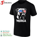 American Bulldog wearing United States flag sunglasses ‘Merica shirt