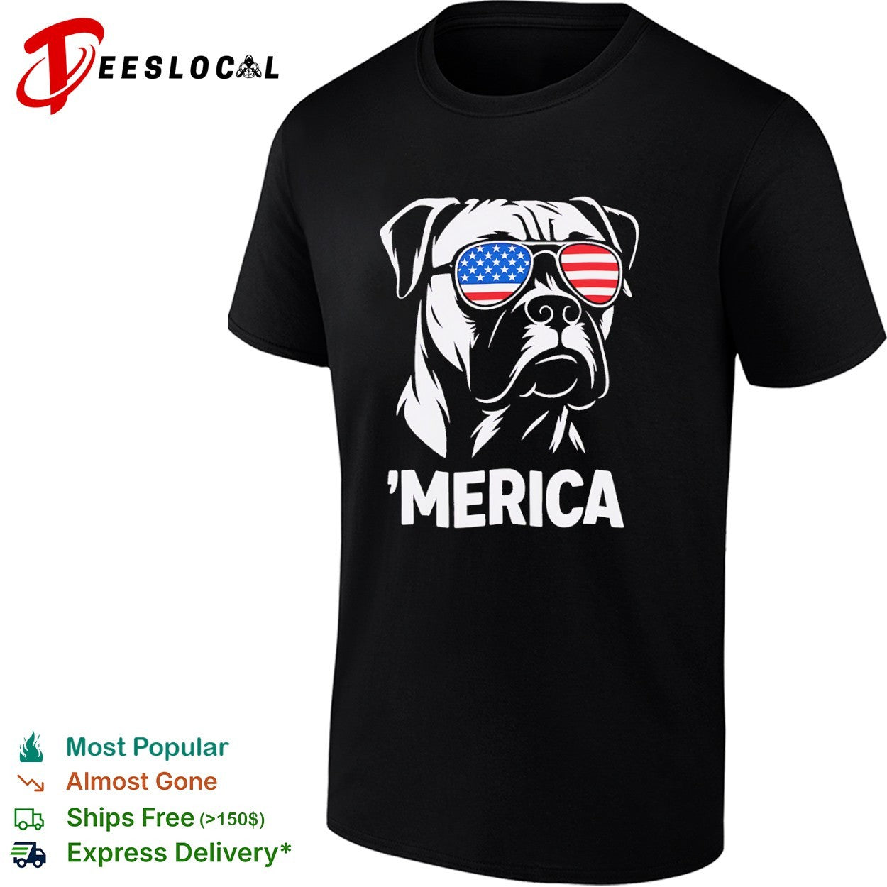 American Bulldog wearing United States flag sunglasses ‘Merica shirt