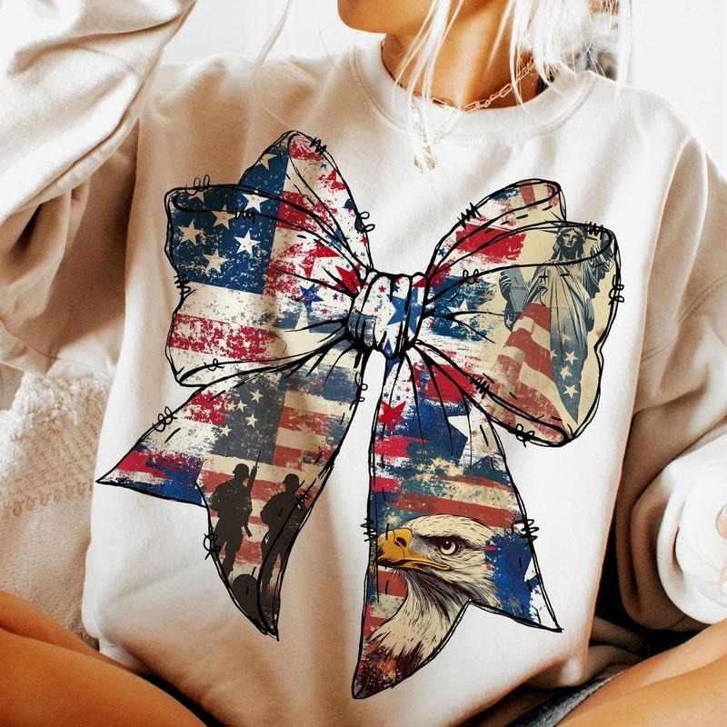 American Flag Bow Sweatshirt Coquette 4th of July Shirt Patriotic Retro Girl USA Crewneck 100% Cotton