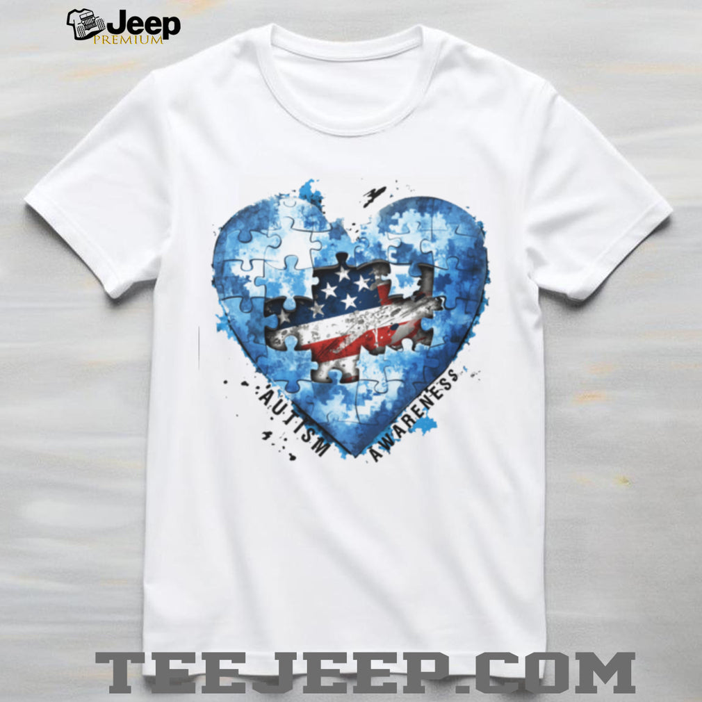 American Flag Heart Puzzle Piece Autism Awareness White T Shirt