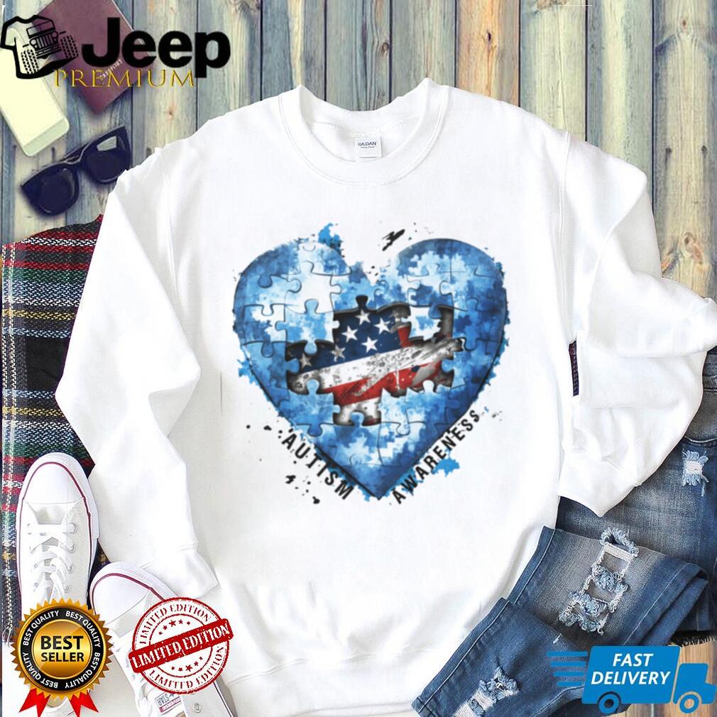 American Flag Heart Puzzle Piece Autism Awareness White T Shirt