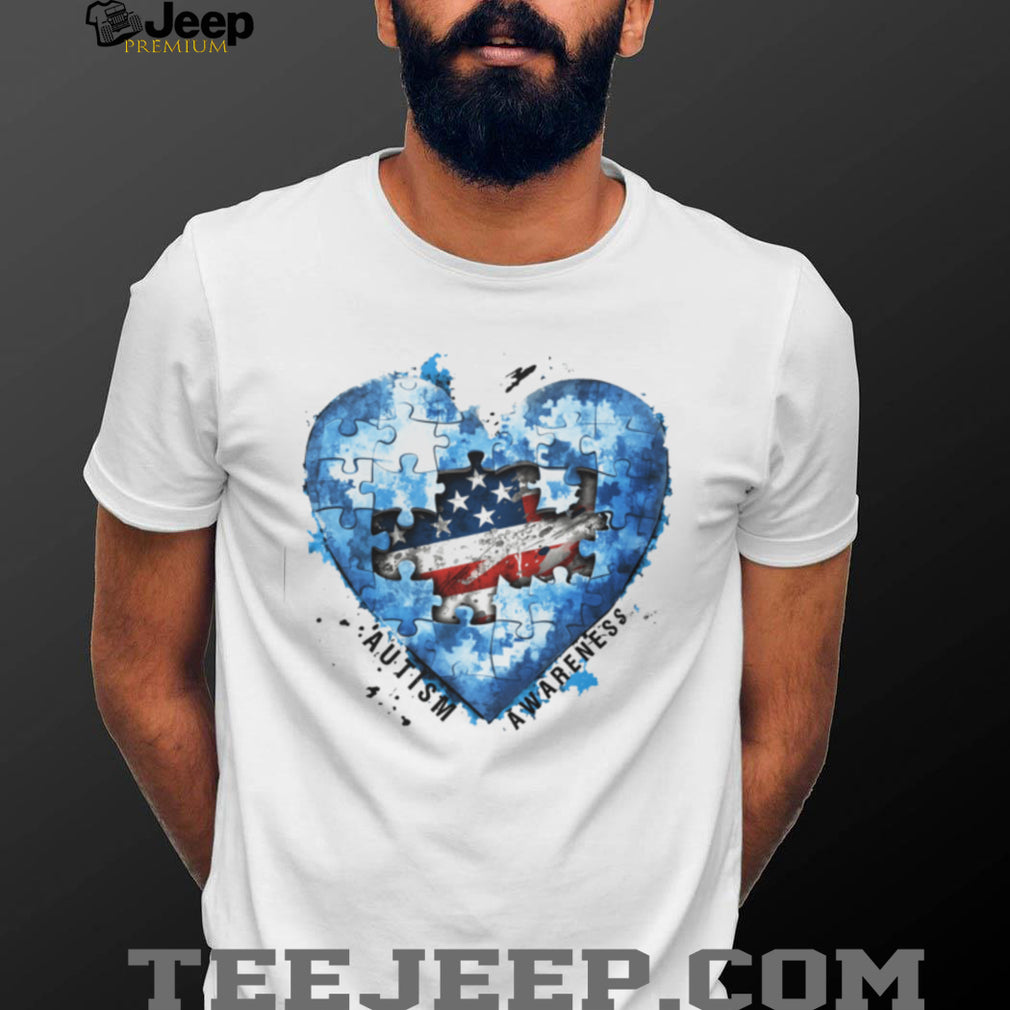 American Flag Heart Puzzle Piece Autism Awareness White T Shirt
