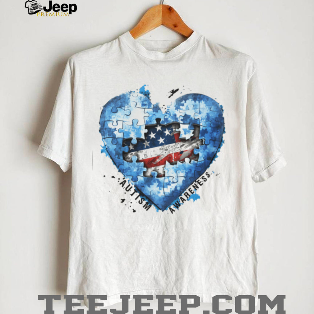 American Flag Heart Puzzle Piece Autism Awareness White T Shirt
