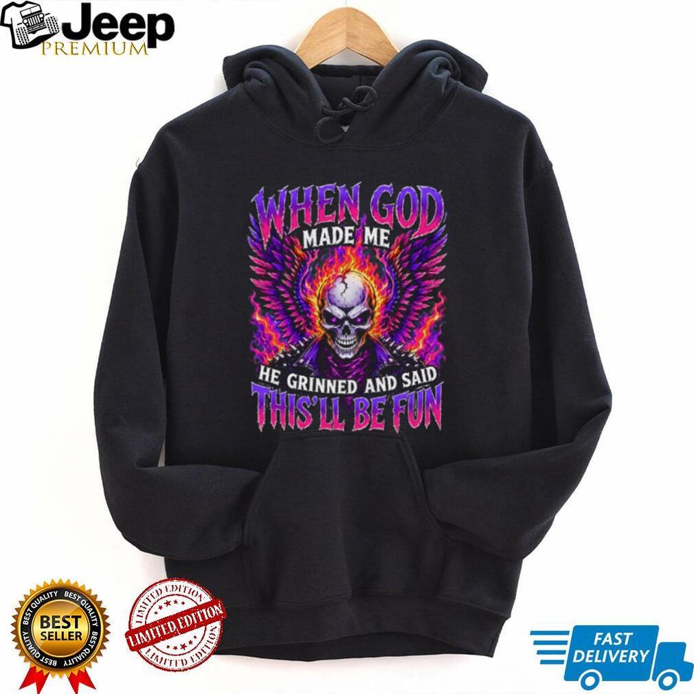 Angel Wing Flaming Skull God Made Me Grinned Fun Graphic T Shirt