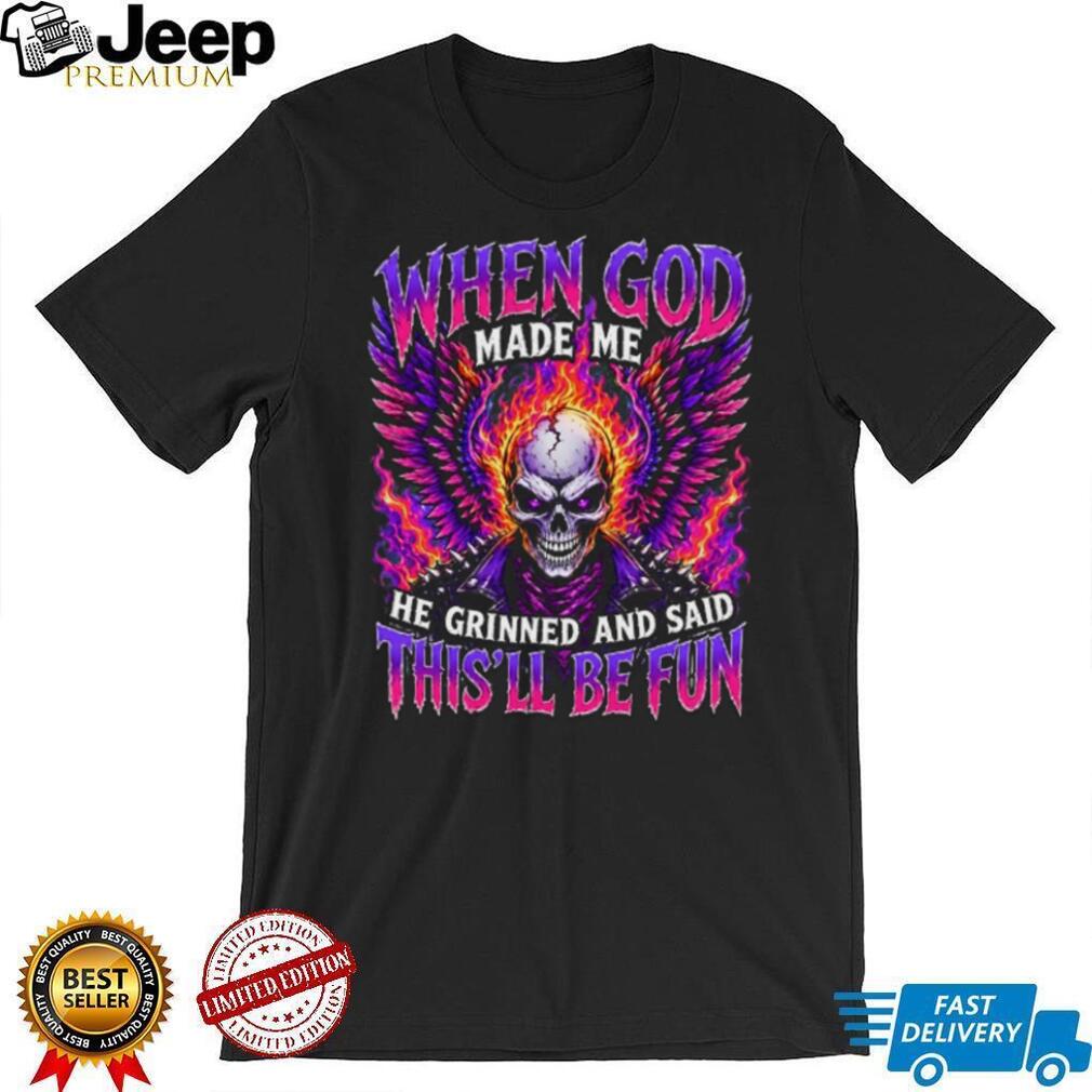 Angel Wing Flaming Skull God Made Me Grinned Fun Graphic T Shirt