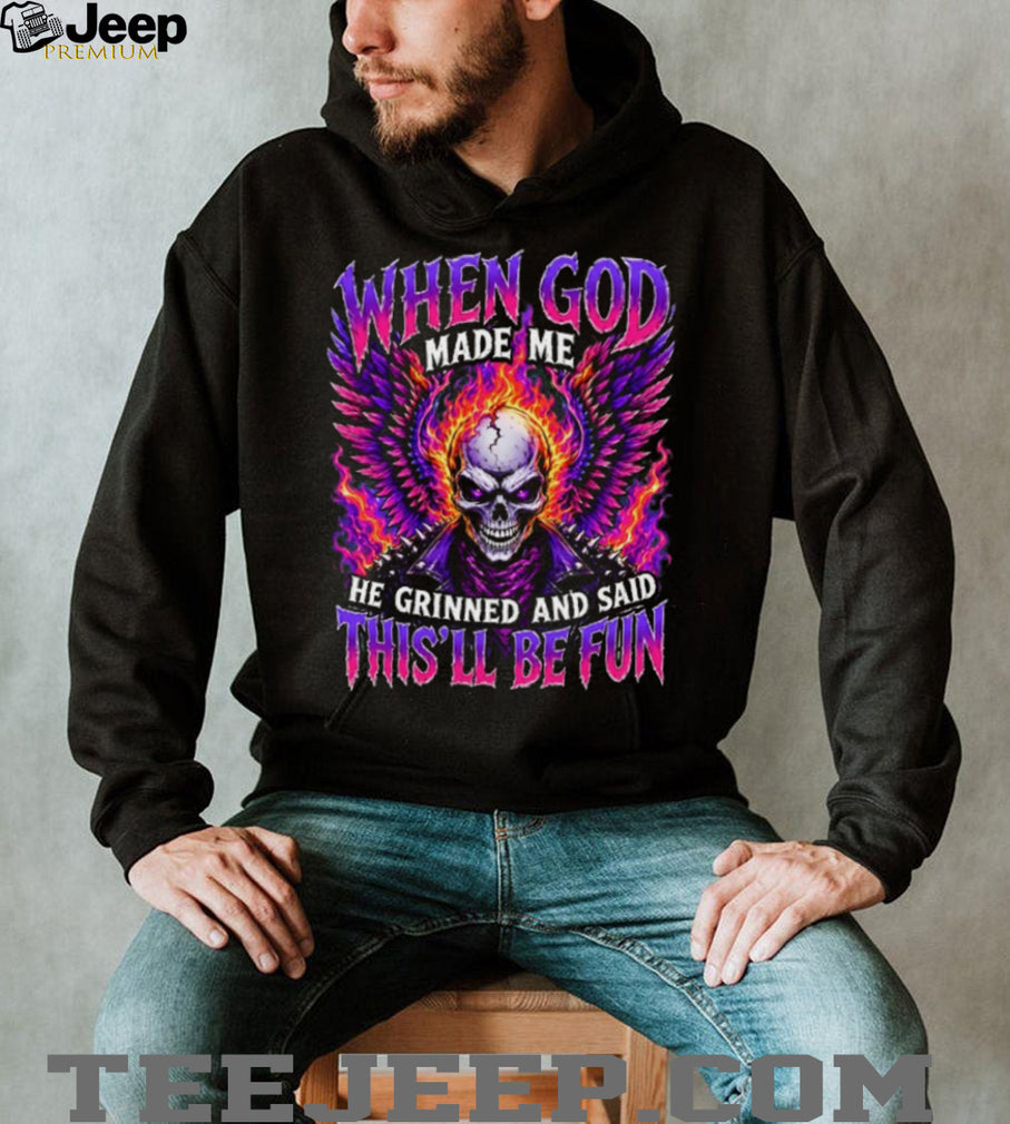 Angel Wing Flaming Skull God Made Me Grinned Fun Graphic T Shirt