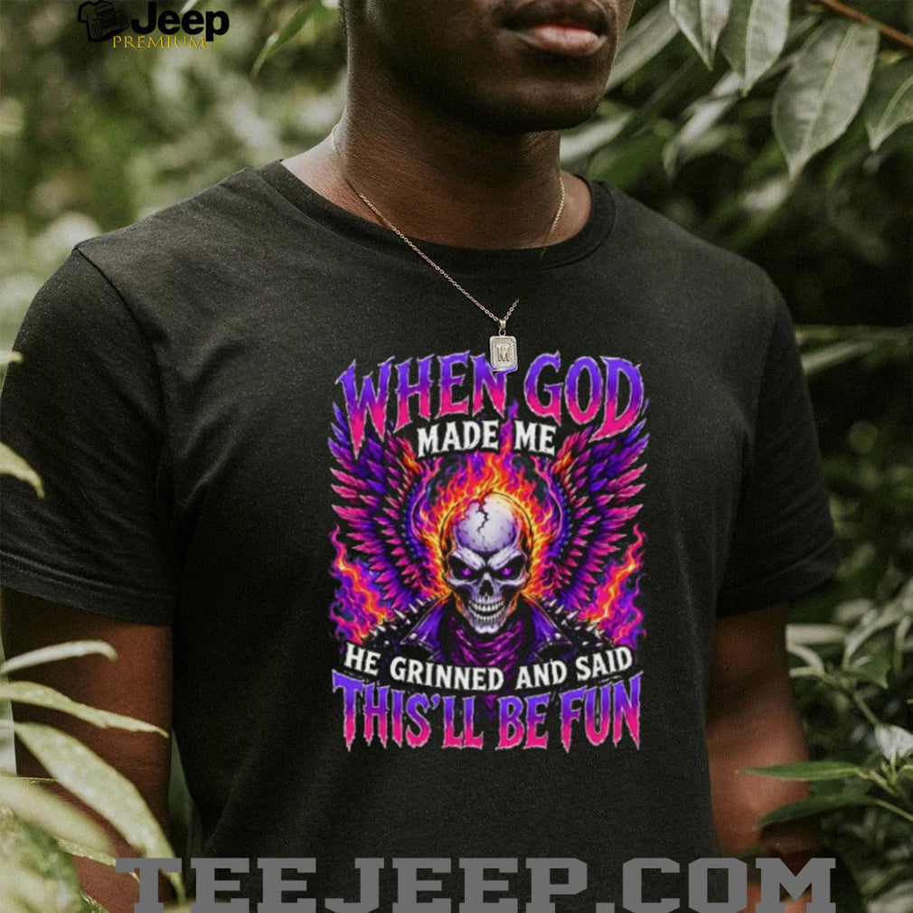 Angel Wing Flaming Skull God Made Me Grinned Fun Graphic T Shirt