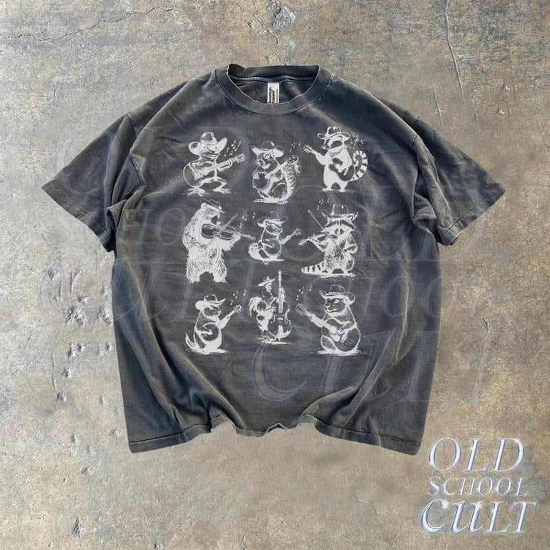 Animal Musicians 90s Tattoo Vintage Style Tshirt, Retro Animal Music Lovers Cute Nature Shirt, Bear Playing Guitar, Raccoon, Raccoon, Frog