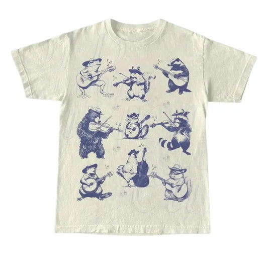 Animal Musicians 90s Tattoo Vintage Style Tshirt, Retro Animal Music Lovers Cute Nature Shirt, Bear Playing Guitar, Raccoon, Raccoon, Frog,Tee Menswear Top Underwear Streetwear