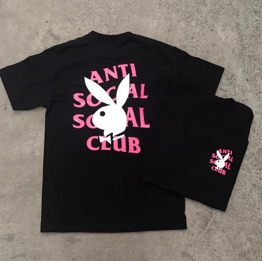 Ant1 Soc1al Soc1al Club x Playboy Graphic Tee, Black Streetwear Shirt, Bold Logo Design, Casual Urban Apparel