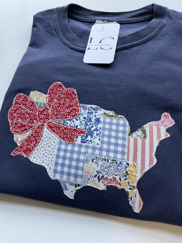 Appliqué USA Map Shirt with Red Bow | Patriotic Patchwork Embroidered Shirt | 4th of July Shirt | Vintage America Tee | Handmade July Fourth Top